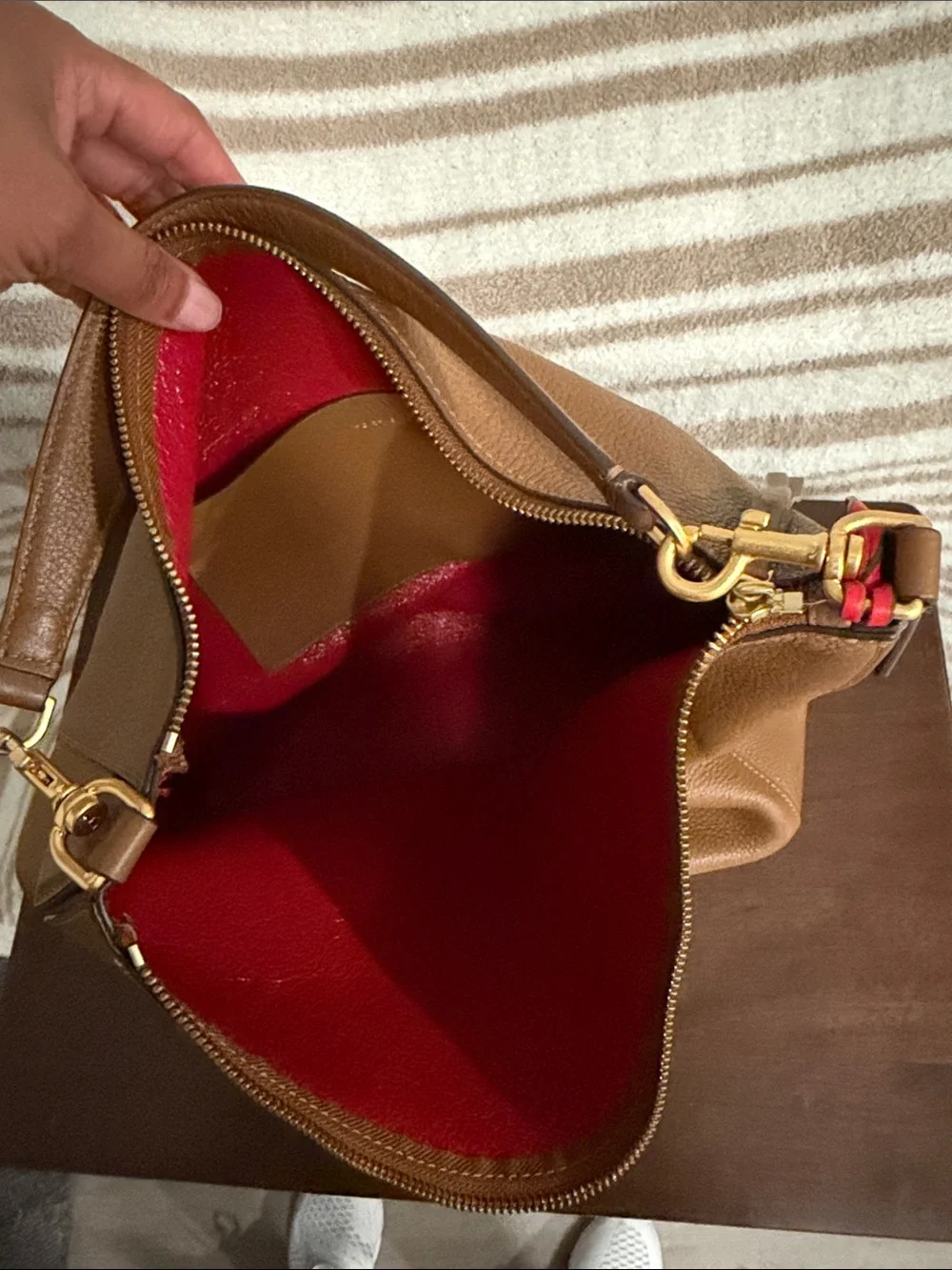 Tory Burch Pebbled Leather Tote in Tan with Red Tag